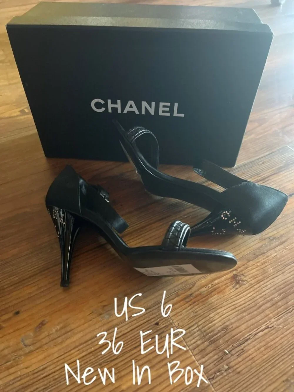 CHANEL CC Logo Crystal Black Heels Sandals 36 - New in Box